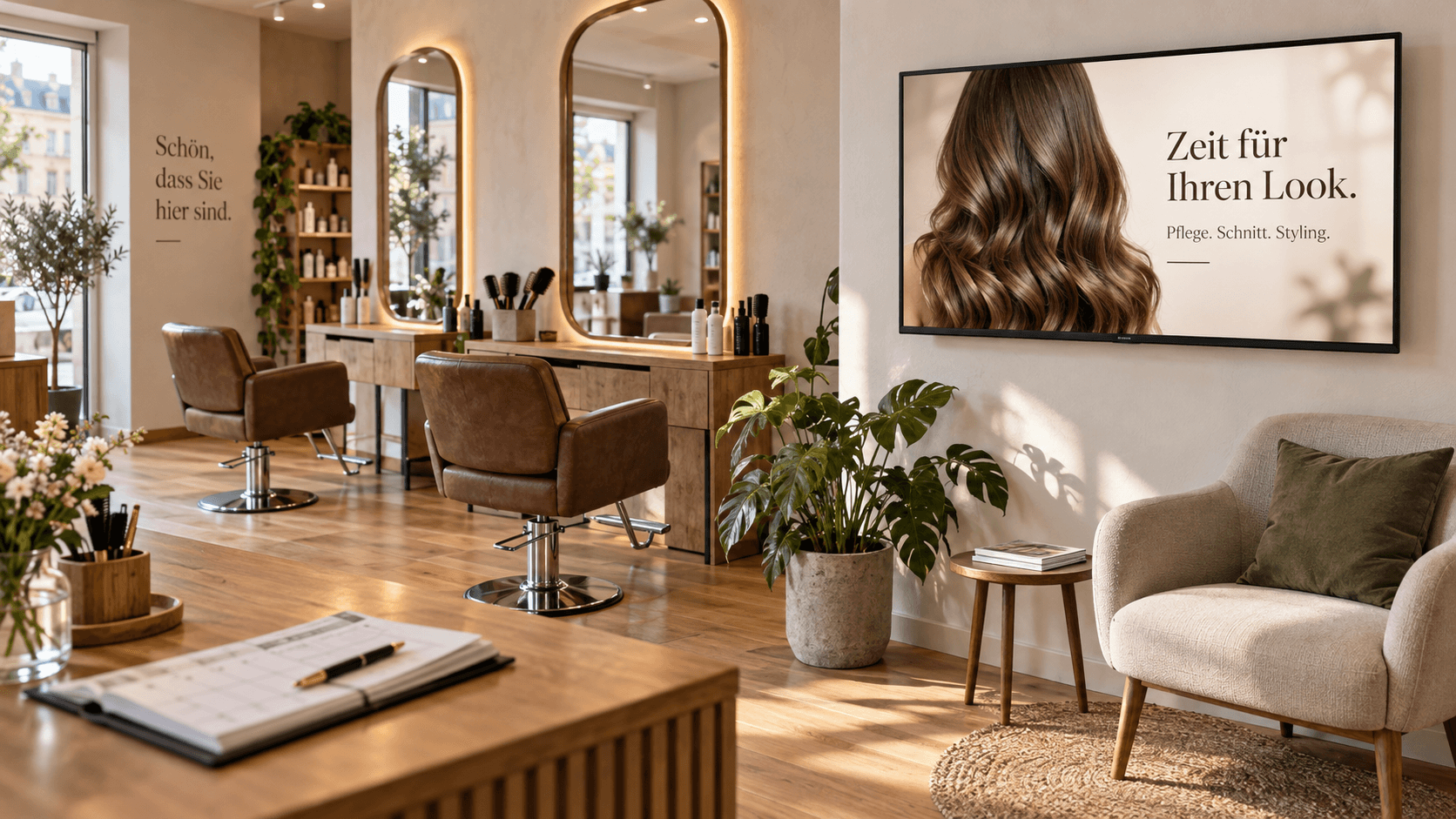 Visualisation: a screen in a hair salon’s waiting area presents a haircare campaign.