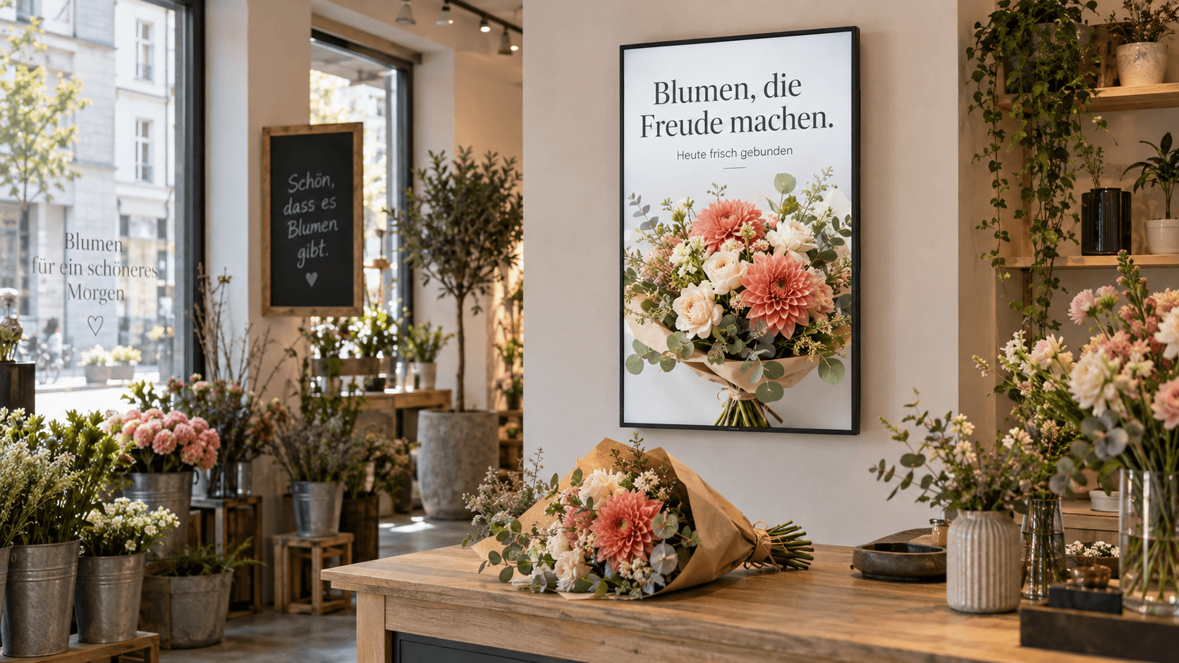 Visualisation: a flower shop presents a seasonal bouquet on a portrait screen beside fresh flowers.