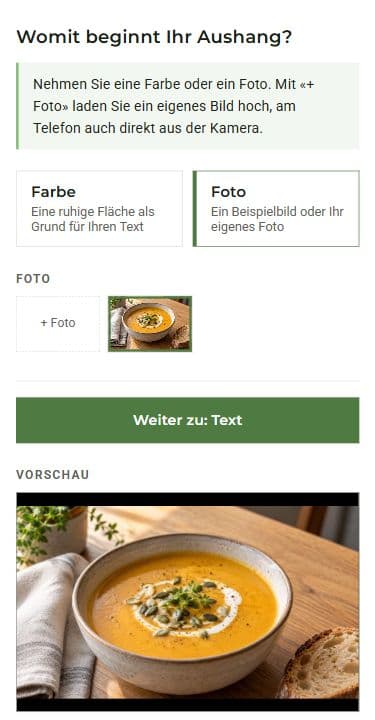 Original German cosy-connect demo: photo selection with a pumpkin-soup image and a preview of the notice.