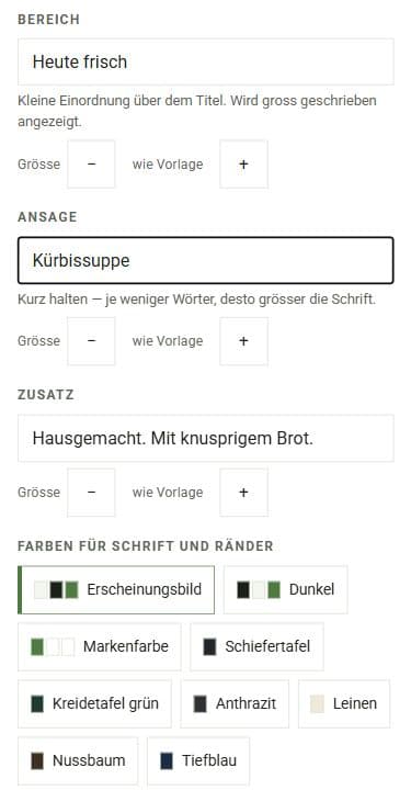 Original German cosy-connect demo: text fields for a fresh pumpkin-soup offer and additional detail, plus colour choices.