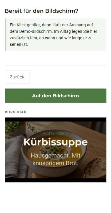 Original German cosy-connect demo: the publish button and the finished preview of the pumpkin-soup offer.