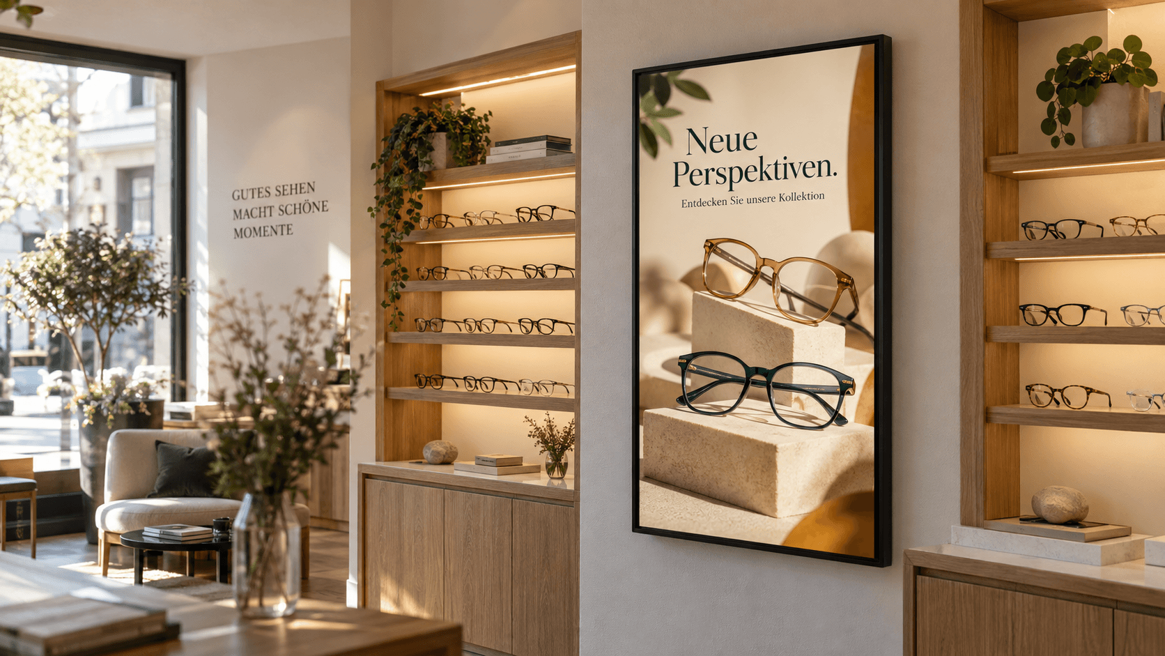 Visualisierung: Hochformat-Bildschirm mit einer Brillenkollektion in einem Optikgeschäft.