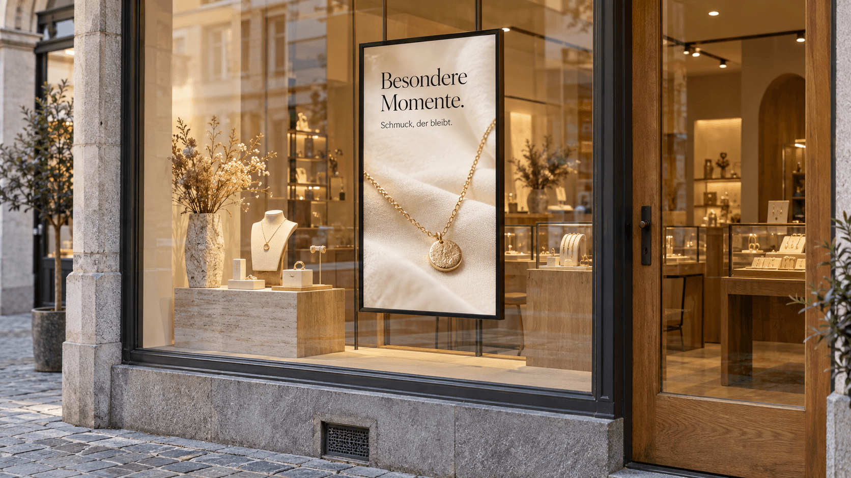 Visualisierung: Schmuckgeschäft von aussen mit einem Hochformat-Display hinter der Schaufensterscheibe.