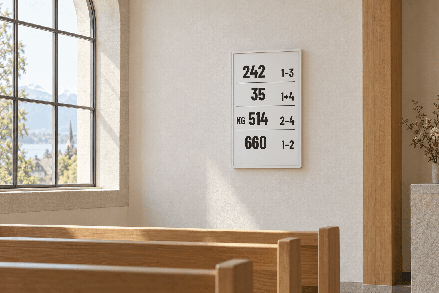 Visualisation: a portrait hymn board in a naturally lit church.